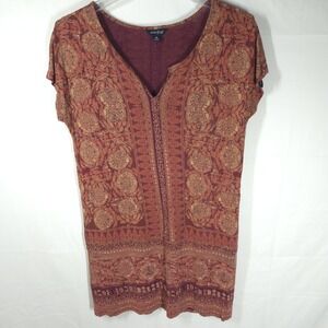 Lucky Brand Boho Floral Shift Dress Womens Medium Red Hippie Comfy